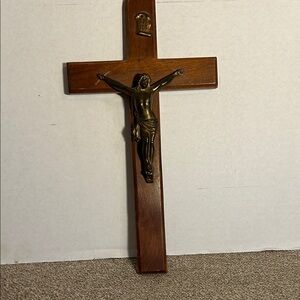 Wooden Wall Crucifix with Brass Corpus - Brown